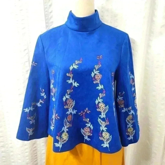 Zara Blue Faux Suede Floral Embroidered Blouse, Size Small Bohemian - Picture 2 of 7